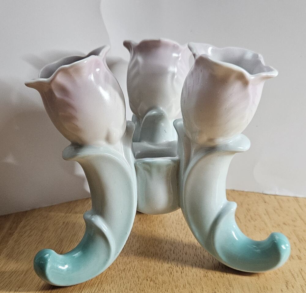 Vintage Ceramic 3 Finger Tulip Vase Candle Holder Japan 5-Inch